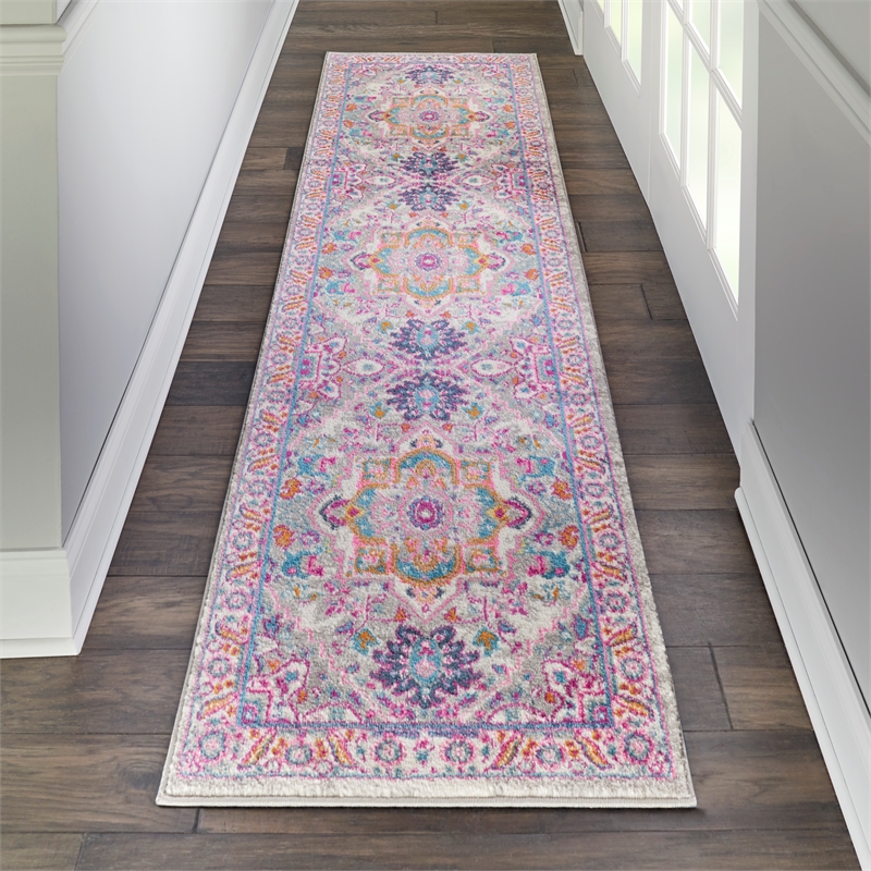 Nourison Passion 6' Runner Gray and Pink Fabric Bohemian Area Rug (6' Runner)