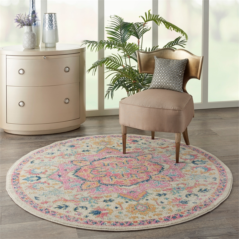 Nourison Passion 5' x Round Ivory Pink Fabric Bohemian Area Rug (5' Round)