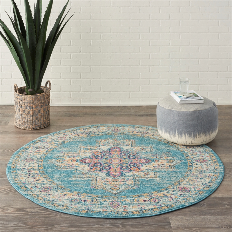 Nourison Passion 5' x Round Ivory Light Blue Fabric Bohemian Area Rug (5' Round)