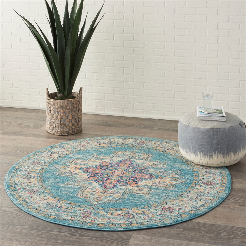 Nourison Passion 5' x Round Ivory Light Blue Fabric Bohemian Area Rug (5' Round)