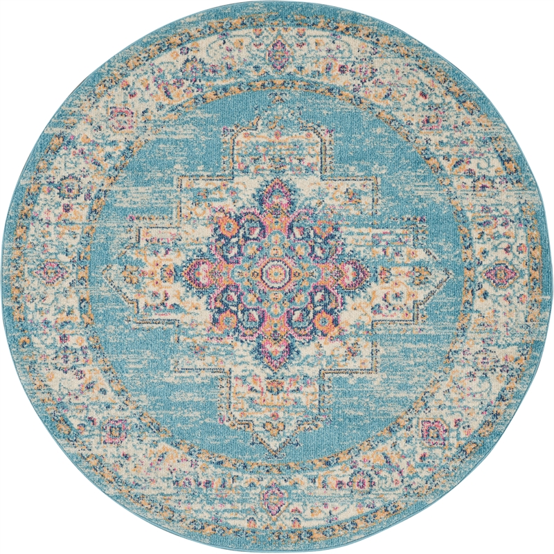 Nourison Passion 5' x Round Ivory Light Blue Fabric Bohemian Area Rug (5' Round)