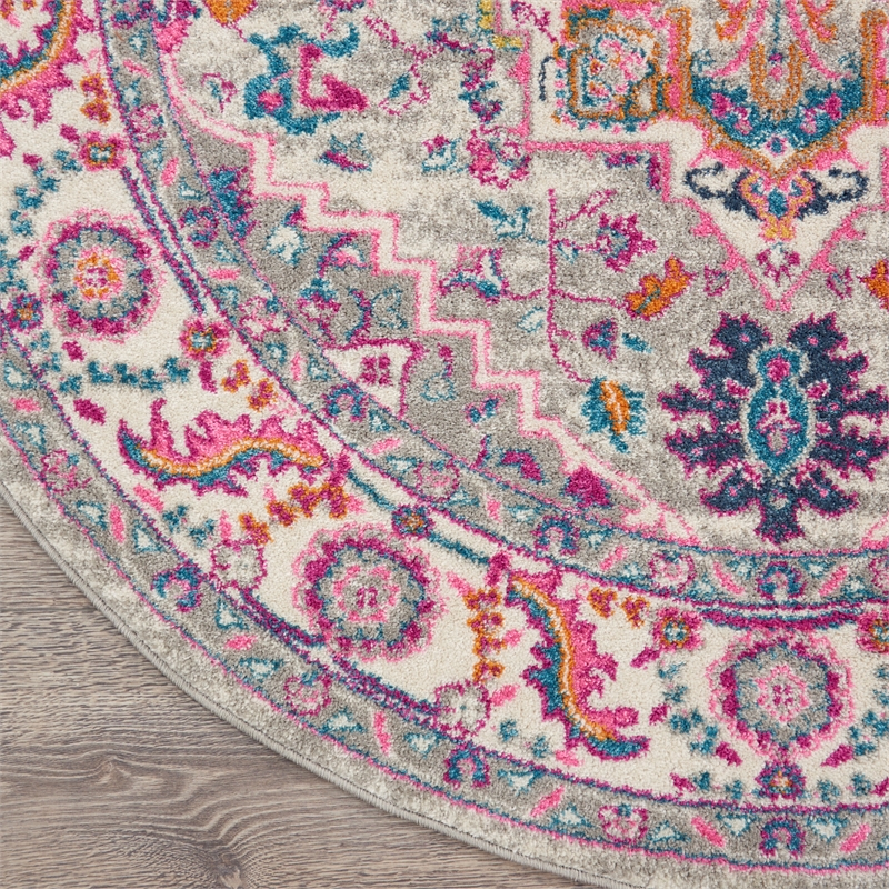 Nourison Passion 8' x Round Gray and Pink Fabric Bohemian Area Rug (8' Round)