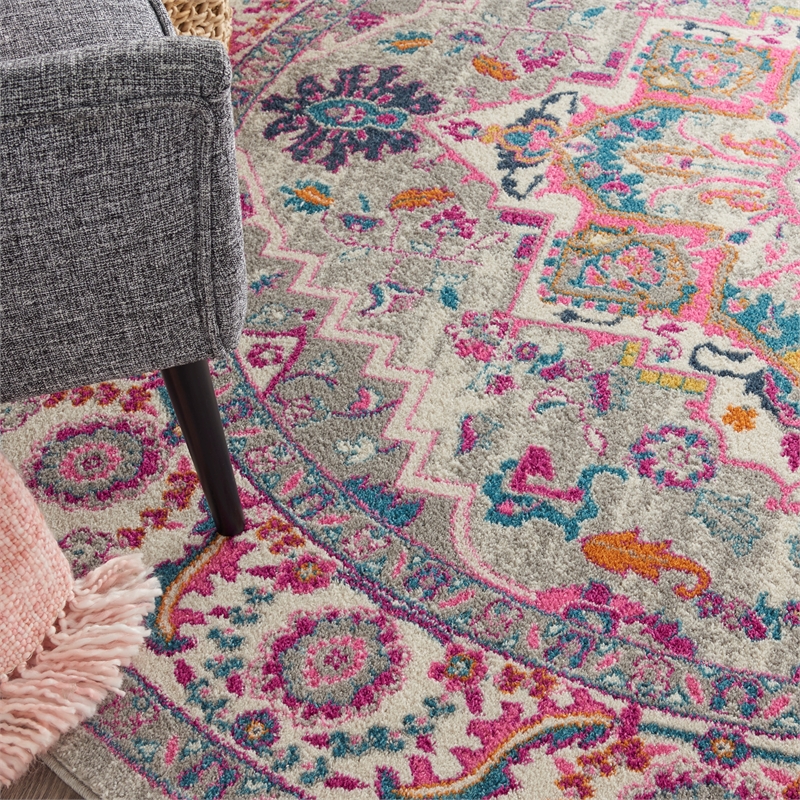 Nourison Passion 8' x Round Gray and Pink Fabric Bohemian Area Rug (8' Round)