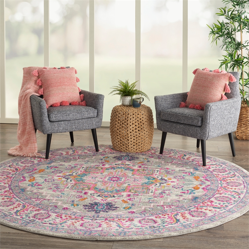 Nourison Passion 8' x Round Gray and Pink Fabric Bohemian Area Rug (8' Round)