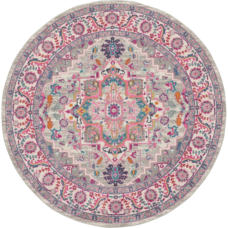 Nourison Passion 8' x Round Gray and Pink Fabric Bohemian Area Rug (8' Round)