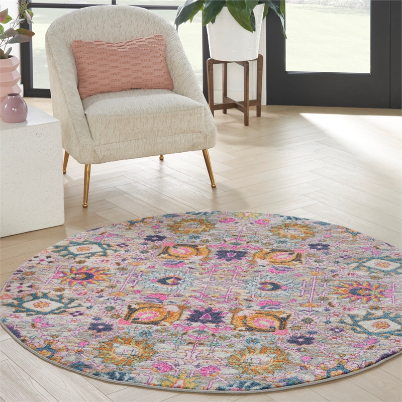 Nourison Passion 5' x Round Pink and Gray Fabric Bohemian Area Rug (5' Round)