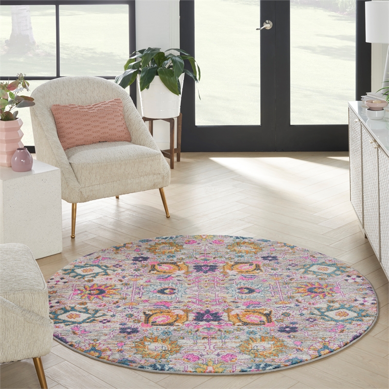 Nourison Passion 5' x Round Pink and Gray Fabric Bohemian Area Rug (5' Round)