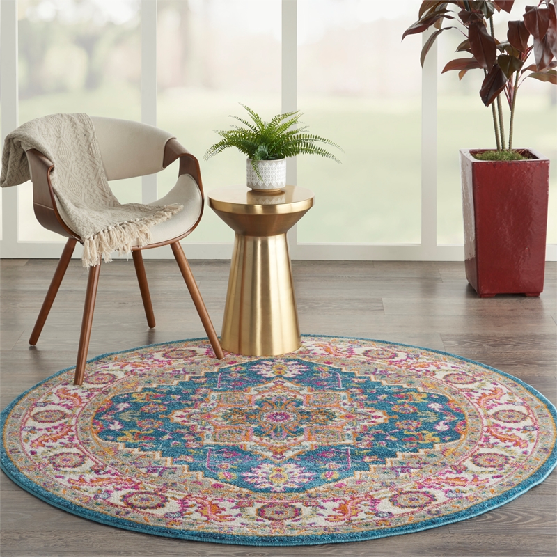 Nourison Passion 5' x Round Teal Multicolor Fabric Bohemian Area Rug (5' Round)
