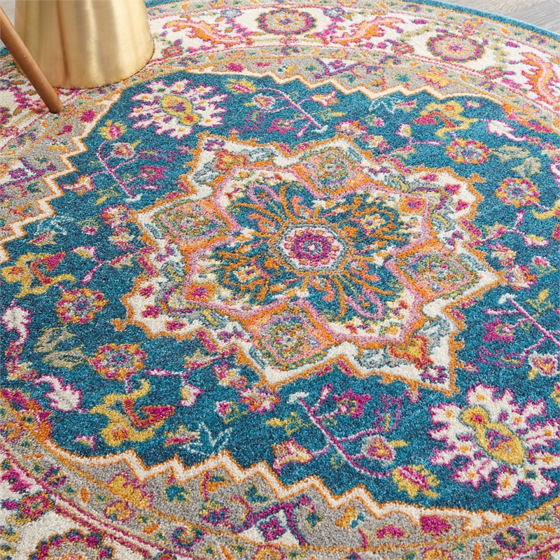 Nourison Passion 5' x Round Teal Multicolor Fabric Bohemian Area Rug (5' Round)