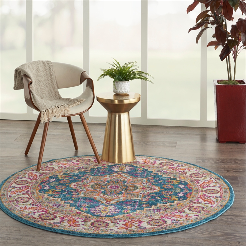 Nourison Passion 5' x Round Teal Multicolor Fabric Bohemian Area Rug (5' Round)