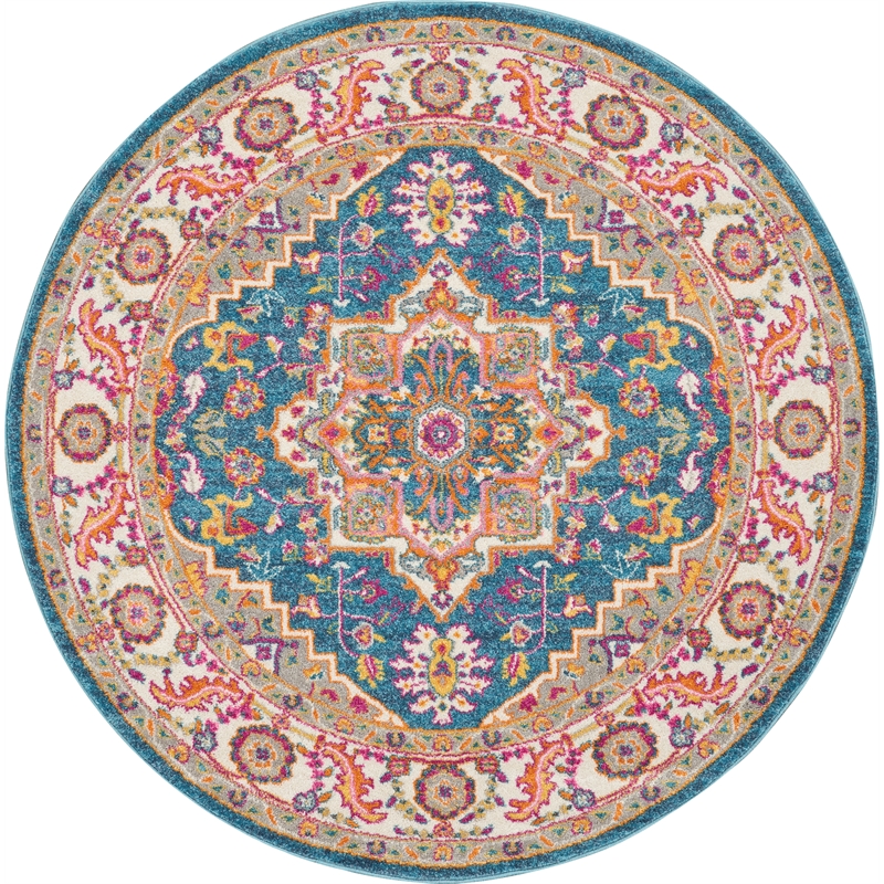 Nourison Passion 5' x Round Teal Multicolor Fabric Bohemian Area Rug (5' Round)