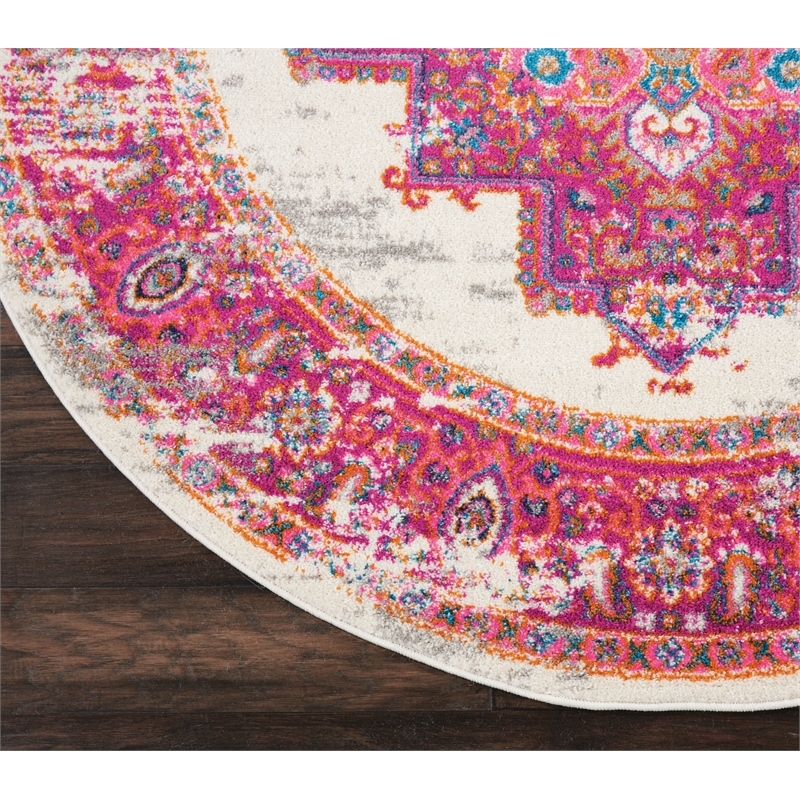 Nourison Passion 5' x Round Pink and White Fabric Bohemian Area Rug (5' Round)