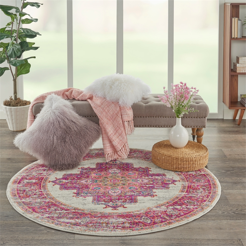Nourison Passion 5' x Round Pink and White Fabric Bohemian Area Rug (5' Round)