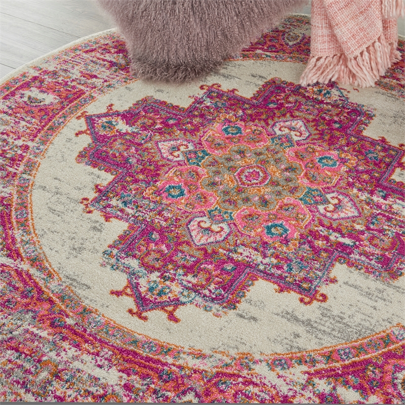Nourison Passion 5' x Round Pink and White Fabric Bohemian Area Rug (5' Round)