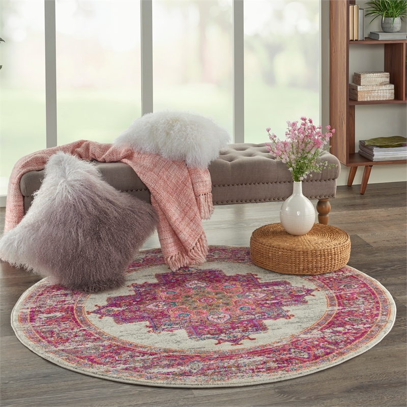 Nourison Passion 5' x Round Pink and White Fabric Bohemian Area Rug (5' Round)