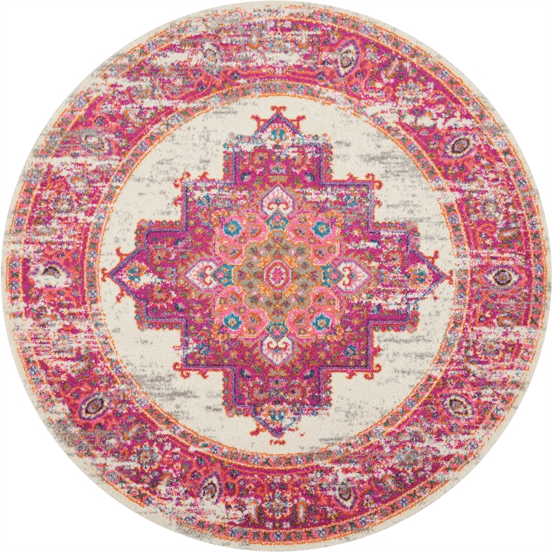 Nourison Passion 5' x Round Pink and White Fabric Bohemian Area Rug (5' Round)