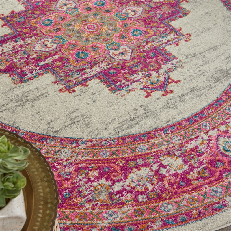 Nourison Passion 8' x Round Pink and White Fabric Bohemian Area Rug (8' Round)
