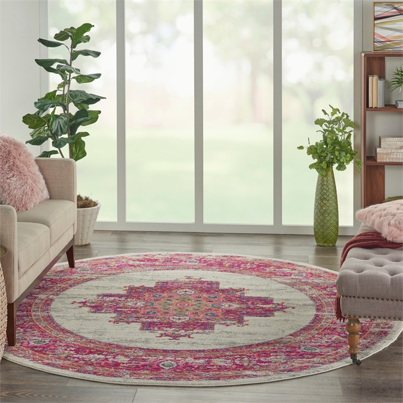 Nourison Passion 8' x Round Pink and White Fabric Bohemian Area Rug (8' Round)