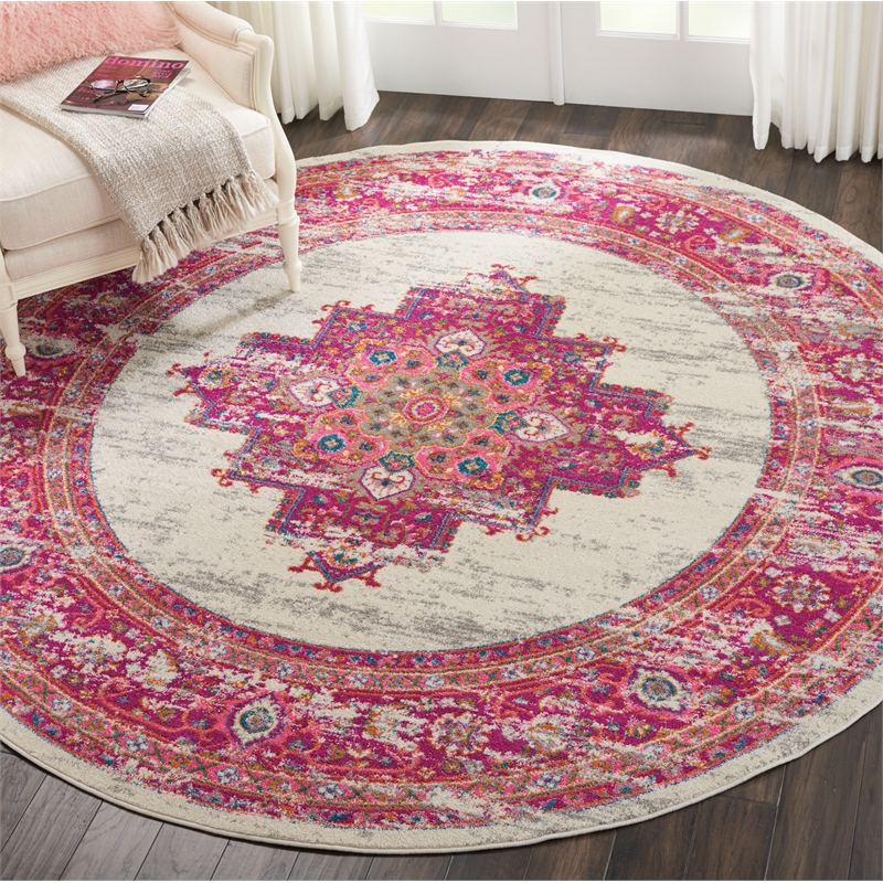 Nourison Passion 8' x Round Pink and White Fabric Bohemian Area Rug (8' Round)