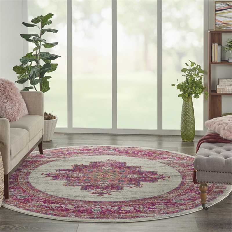 Nourison Passion 8' x Round Pink and White Fabric Bohemian Area Rug (8' Round)