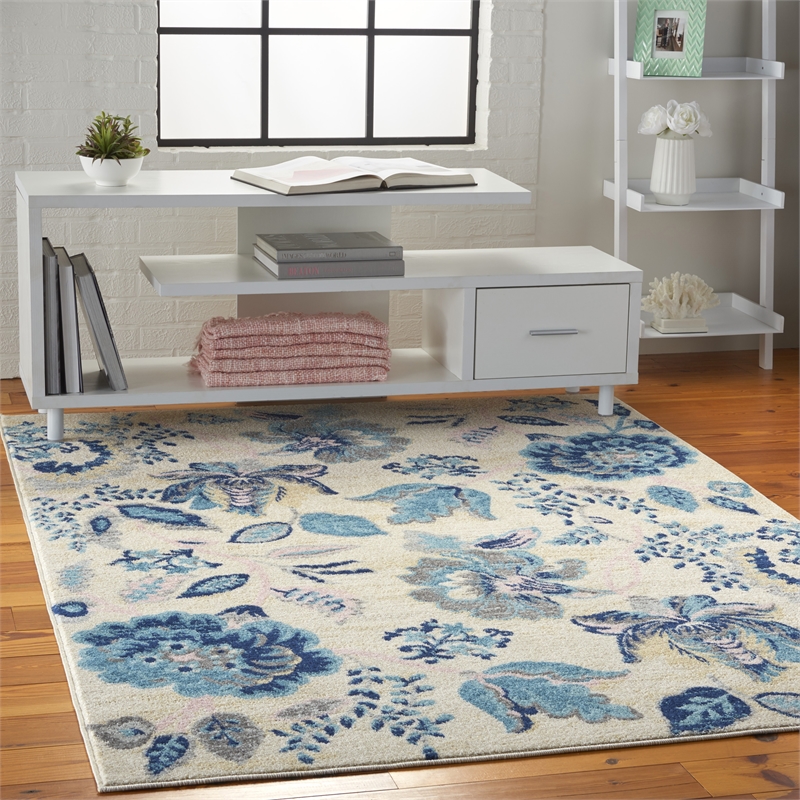 Nourison Tranquil 6' x 9' Ivory/Light Blue Farmhouse Indoor Rug Polypropylene