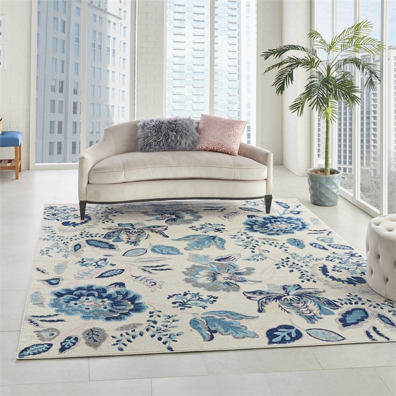 Nourison Tranquil 8' x 10' Ivory/Light Blue Farmhouse Indoor Rug Polypropylene