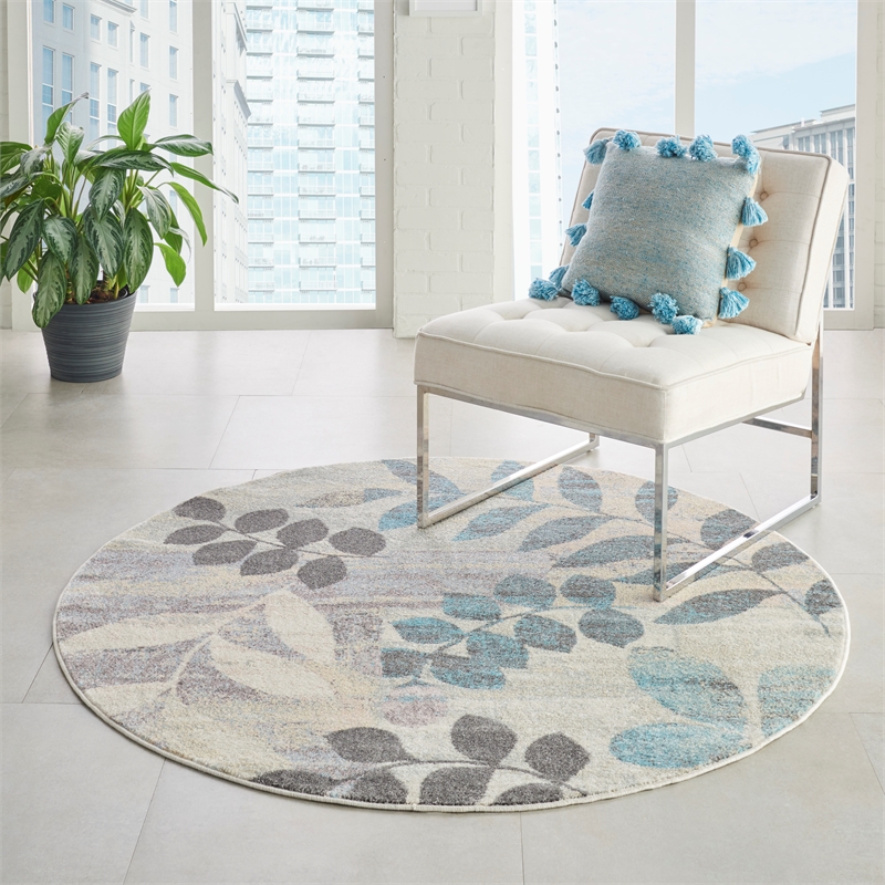 Nourison Tranquil(Traql) 4' x round Ivory/Light Blue Farmhouse Indoor Rug