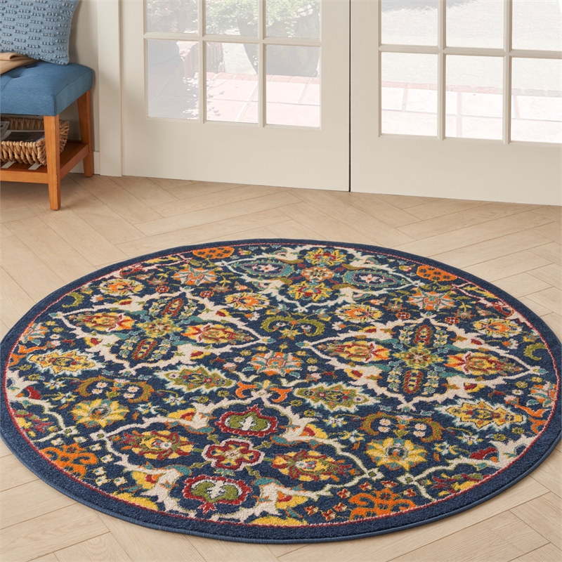 nourison allur 5' x round navy multicolor fabric bohemian area rug (5' round)