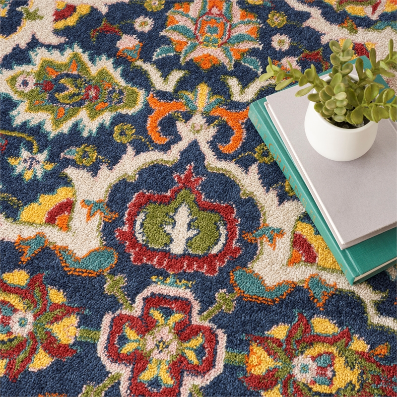 nourison allur 5' x round navy multicolor fabric bohemian area rug (5' round)