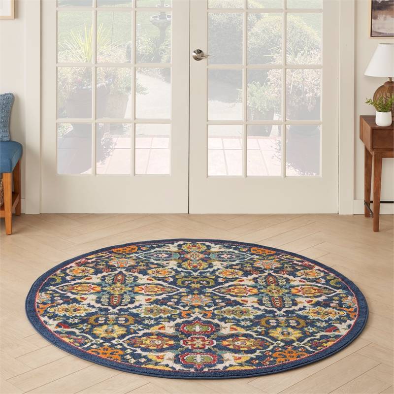 nourison allur 5' x round navy multicolor fabric bohemian area rug (5' round)
