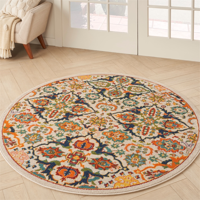 Nourison Allur 5' x Round Ivory Multicolor Fabric Bohemian Area Rug (5' Round)