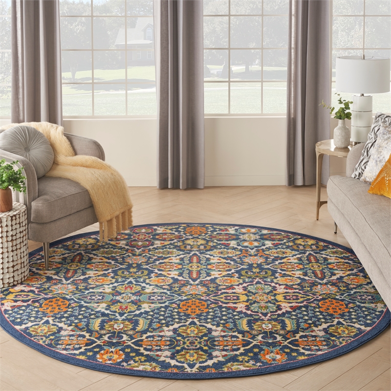 Nourison Allur 8' x Round Navy Multicolor Fabric Bohemian Area Rug (8' Round)