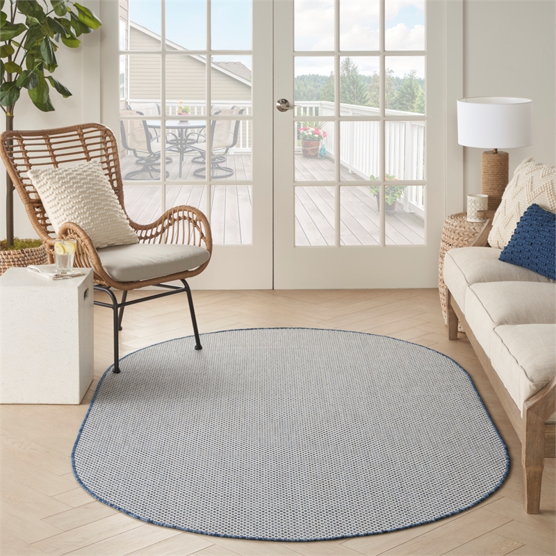 Nourison Courtyard 5' x 8' Oval Ivory Blue Fabric Modern Area Rug (8' Oval)