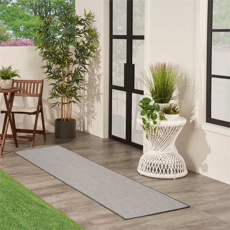 Nourison Courtyard 10' Runner Ivory Charcoal Fabric Modern Area Rug (10' Runner)