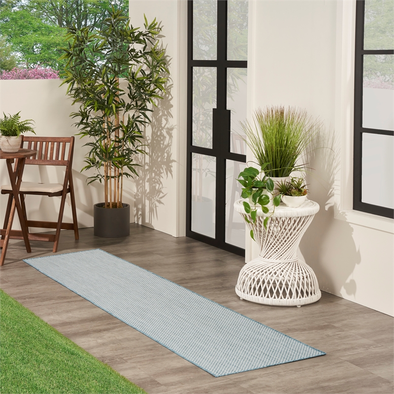 Nourison Courtyard 10' Runner Ivory Aqua Fabric Modern Area Rug (10' Runner)