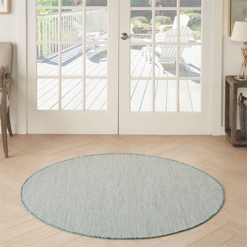 Nourison Courtyard 5' x Round Ivory Aqua Fabric Modern Area Rug (5' Round)