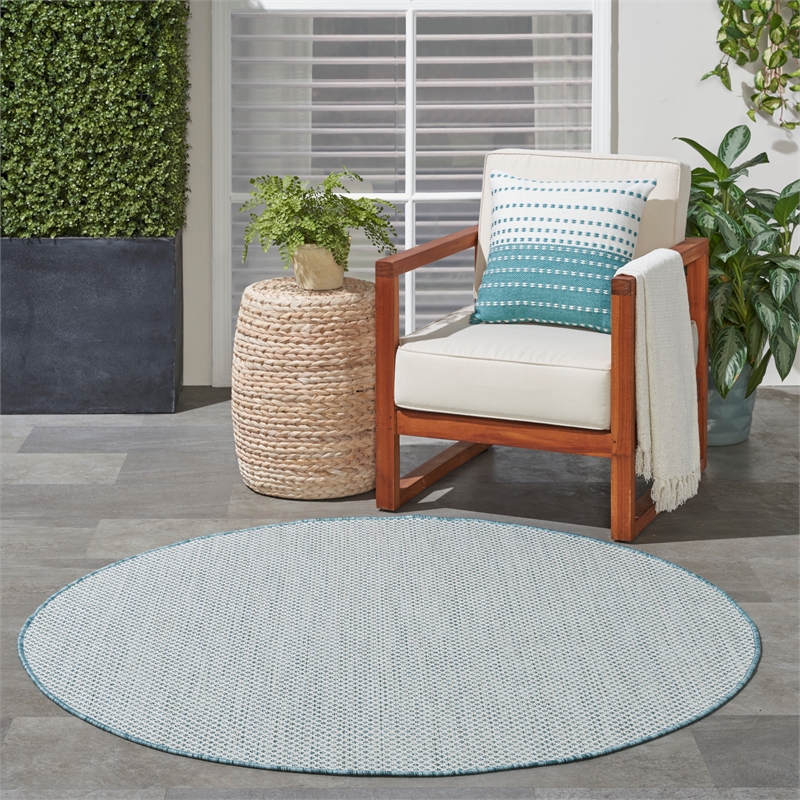 Nourison Courtyard 5' x Round Ivory Aqua Fabric Modern Area Rug (5' Round)