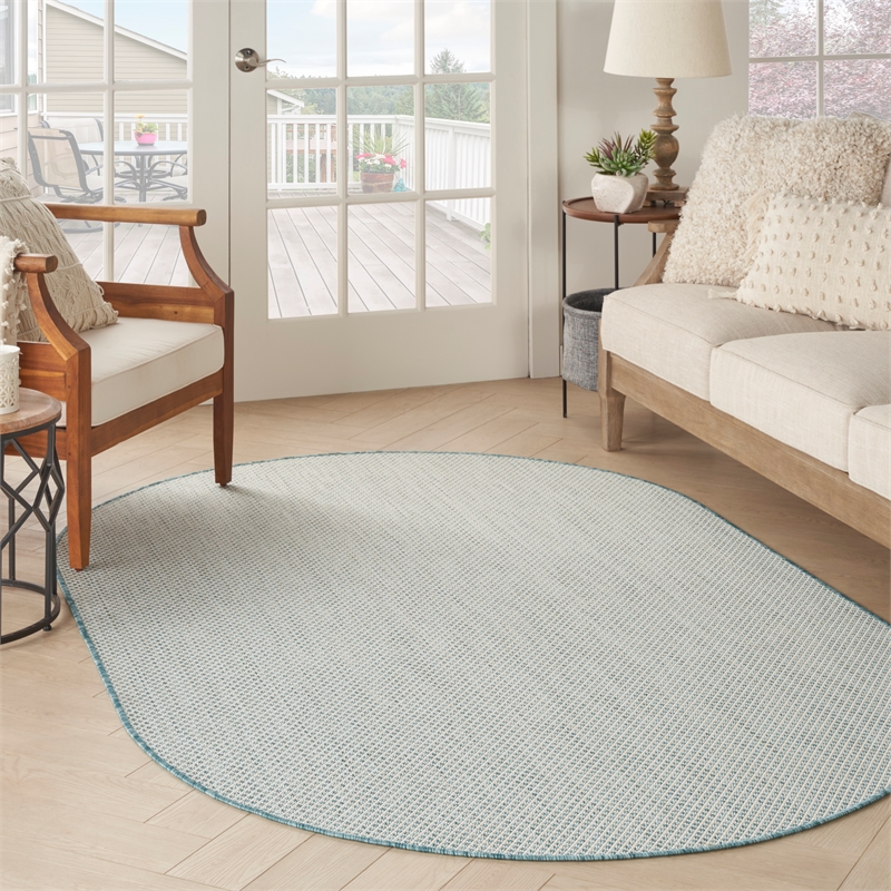 Nourison Courtyard 5' x 8' Oval Ivory Aqua Fabric Modern Area Rug (8' Oval)