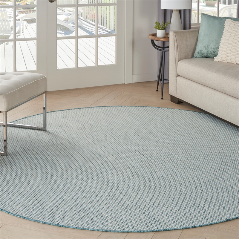 Nourison Courtyard 8' x Round Ivory Aqua Fabric Modern Area Rug (8' Round)
