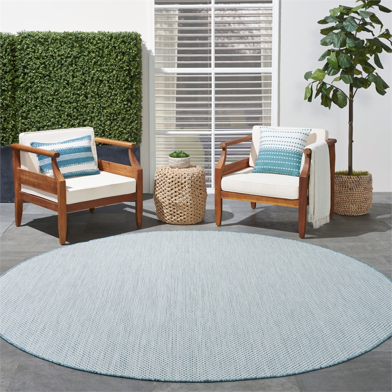 Nourison Courtyard 8' x Round Ivory Aqua Fabric Modern Area Rug (8' Round)