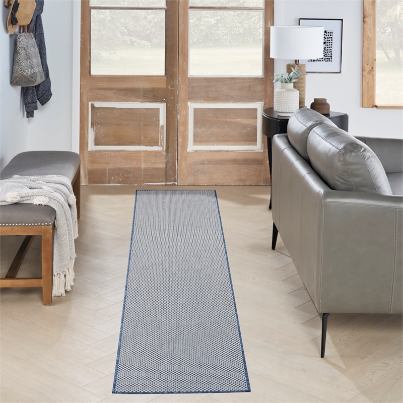 Nourison Courtyard 10' Runner Ivory Blue Fabric Modern Area Rug (10' Runner)
