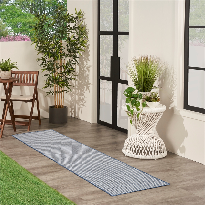Nourison Courtyard 10' Runner Ivory Blue Fabric Modern Area Rug (10' Runner)