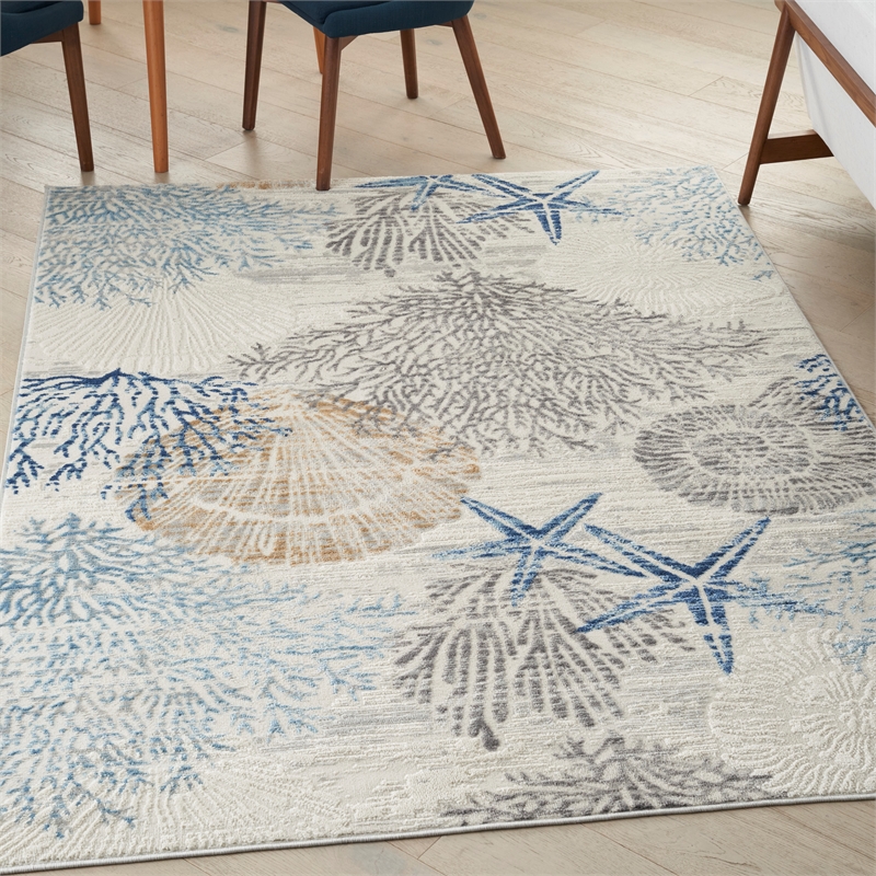 Nourison Pompeii 6' x 9' Ivory Gray Blue Fabric Nautical & Beach Area Rug