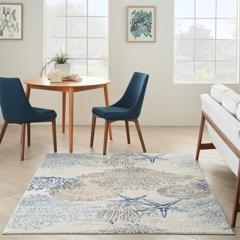 Nourison Pompeii 6' x 9' Ivory Gray Blue Fabric Nautical & Beach Area Rug
