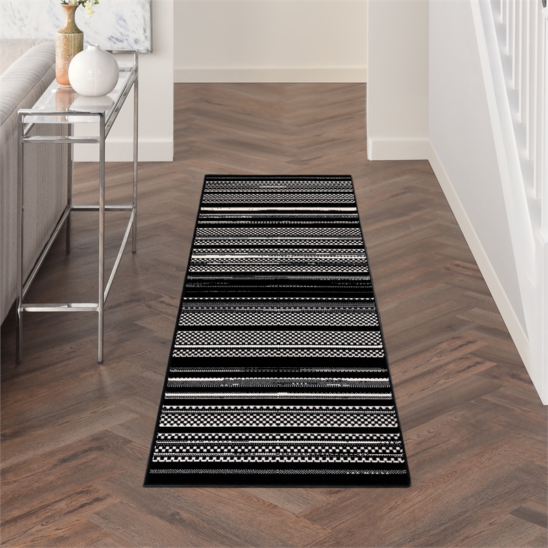 Nourison Home Grafix 8' Runner Fabric Black White Modern Indoor Area Rug