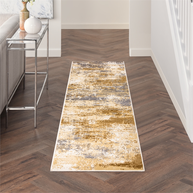 Nourison Home Grafix 8' Runner Fabric Beige Blue Modern Indoor Area Rug