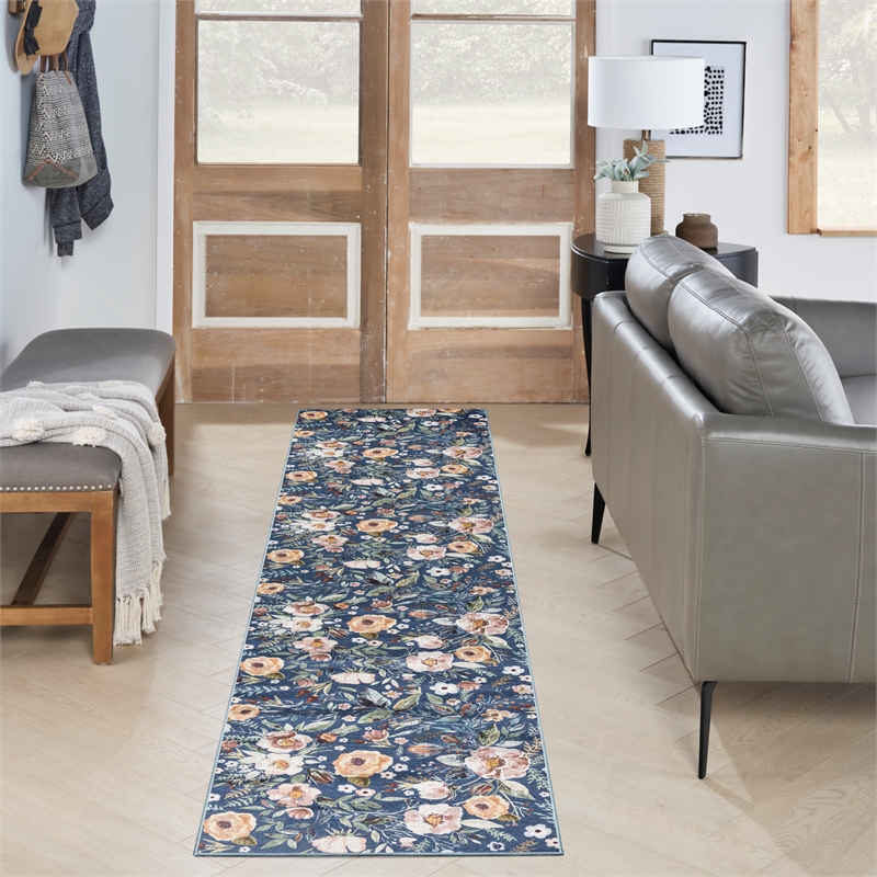Washables 10' Runner Cotton Blend Navy Blue Multicolor Vintage Indoor Rug