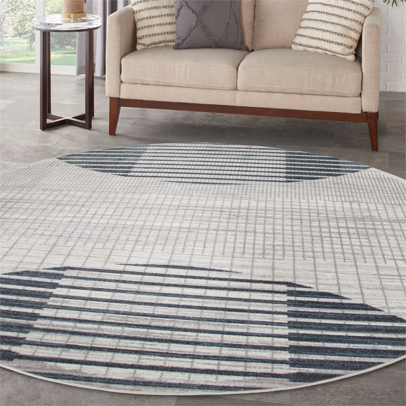 Astra Machine Washable 8' Round Fabric Ivory Blue Mid-Century Modern Indoor Rug