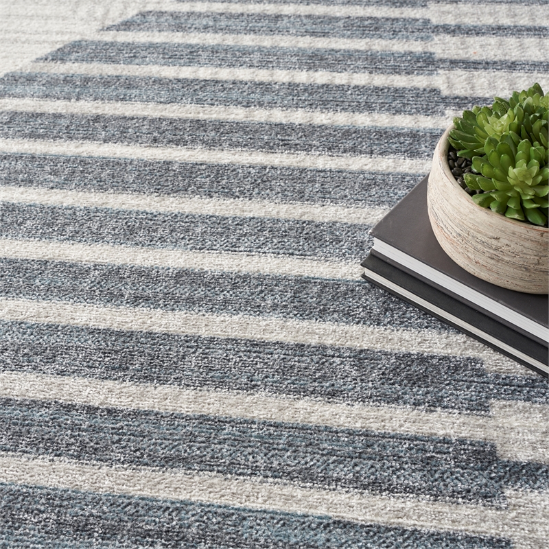 Astra Machine Washable 8' Round Fabric Ivory Blue Mid-Century Modern Indoor Rug