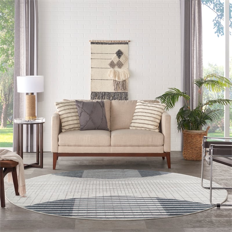 Astra Machine Washable 8' Round Fabric Ivory Blue Mid-Century Modern Indoor Rug